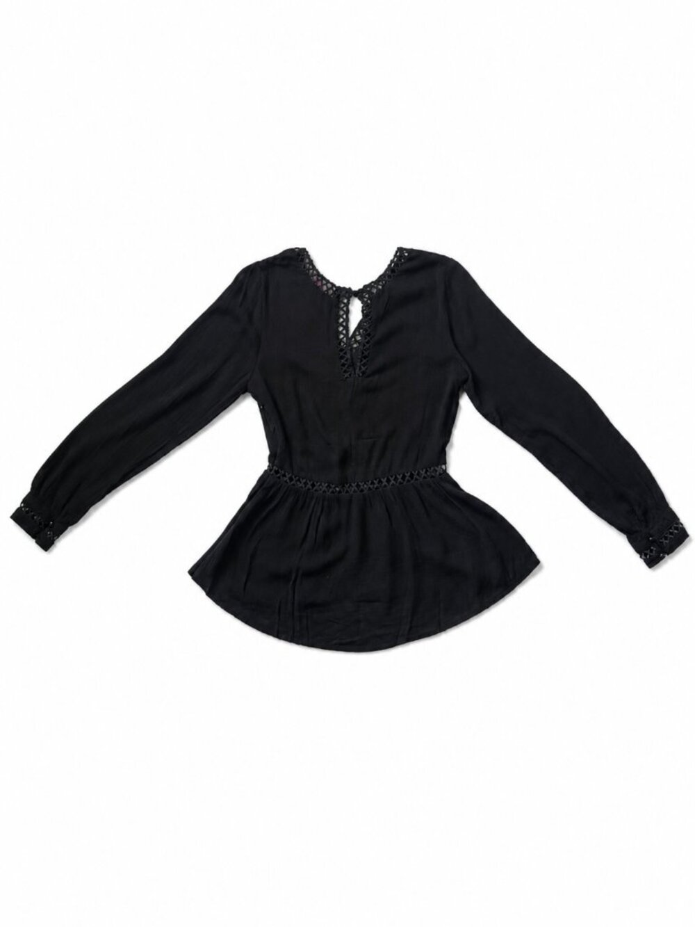 Black Lace Peplum Blouse Sheer Long Sleeve V Neck Elegant Top Size S - Picture 3 of 8